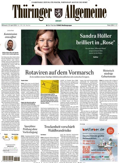 Titelbild der Ausgabe 99/2026 von Thüringer Allgemeine Erfurt. Diese Zeitschrift und viele weitere Zeitungsabos als Abo oder epaper bei United Kiosk online kaufen.