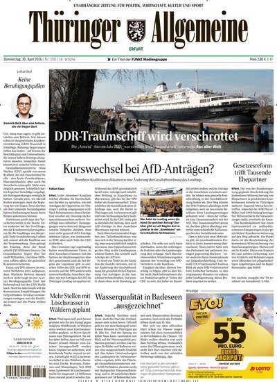 Titelbild der Ausgabe 100/2026 von Thüringer Allgemeine Erfurt. Diese Zeitschrift und viele weitere Zeitungsabos als Abo oder epaper bei United Kiosk online kaufen.