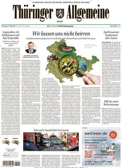 Titelbild der Ausgabe 103/2026 von Thüringer Allgemeine Erfurt. Diese Zeitschrift und viele weitere Zeitungsabos als Abo oder epaper bei United Kiosk online kaufen.