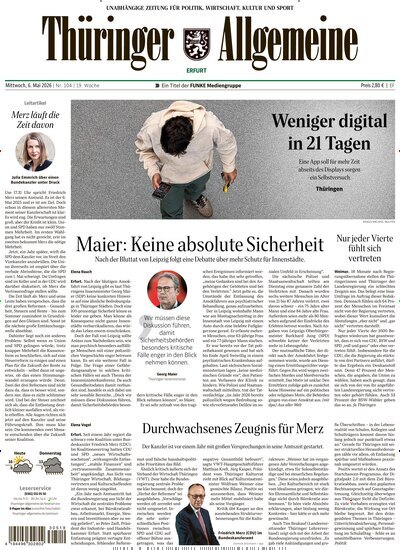 Titelbild der Ausgabe 104/2026 von Thüringer Allgemeine Erfurt. Diese Zeitschrift und viele weitere Zeitungsabos als Abo oder epaper bei United Kiosk online kaufen.