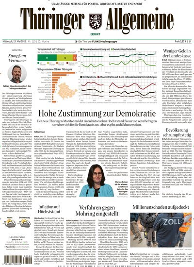 Titelbild der Ausgabe 110/2026 von Thüringer Allgemeine Erfurt. Diese Zeitschrift und viele weitere Zeitungsabos als Abo oder epaper bei United Kiosk online kaufen.
