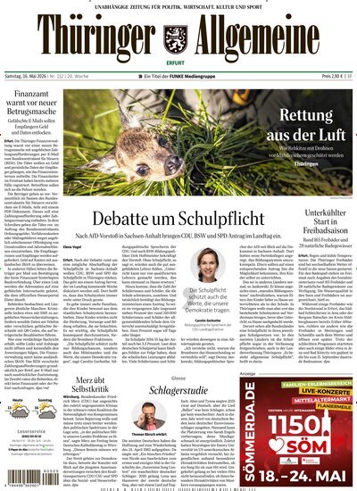 Titelbild der Ausgabe 112/2026 von Thüringer Allgemeine Erfurt. Diese Zeitschrift und viele weitere Zeitungsabos als Abo oder epaper bei United Kiosk online kaufen.