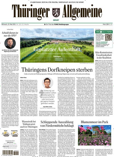Titelbild der Ausgabe 115/2026 von Thüringer Allgemeine Erfurt. Diese Zeitschrift und viele weitere Zeitungsabos als Abo oder epaper bei United Kiosk online kaufen.