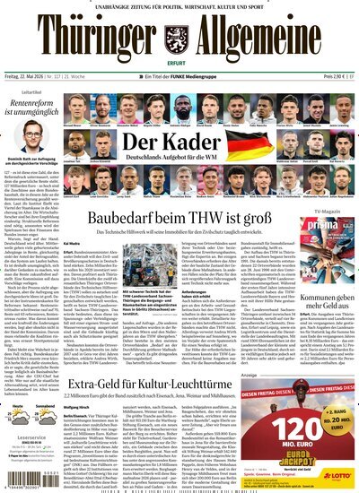 Titelbild der Ausgabe 117/2026 von Thüringer Allgemeine Erfurt. Diese Zeitschrift und viele weitere Zeitungsabos als Abo oder epaper bei United Kiosk online kaufen.