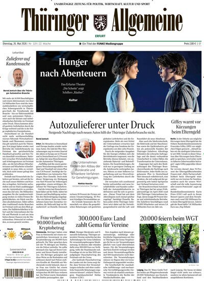 Titelbild der Ausgabe 119/2026 von Thüringer Allgemeine Erfurt. Diese Zeitschrift und viele weitere Zeitungsabos als Abo oder epaper bei United Kiosk online kaufen.