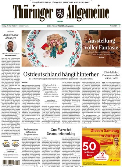 Titelbild der Ausgabe 122/2026 von Thüringer Allgemeine Erfurt. Diese Zeitschrift und viele weitere Zeitungsabos als Abo oder epaper bei United Kiosk online kaufen.