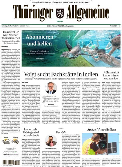 Titelbild der Ausgabe 123/2026 von Thüringer Allgemeine Erfurt. Diese Zeitschrift und viele weitere Zeitungsabos als Abo oder epaper bei United Kiosk online kaufen.