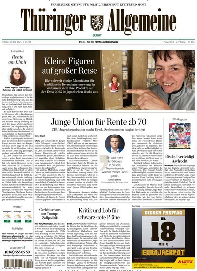 Titelbild der Ausgabe 124/2025 von Thüringer Allgemeine Erfurt. Diese Zeitschrift und viele weitere Zeitungsabos als Abo oder epaper bei United Kiosk online kaufen.