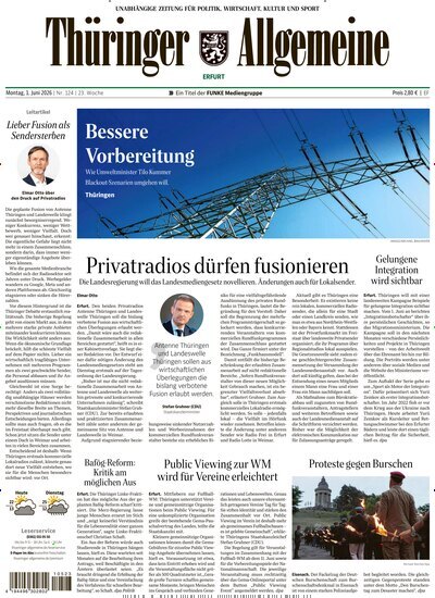 Titelbild der Ausgabe 124/2026 von Thüringer Allgemeine Erfurt. Diese Zeitschrift und viele weitere Zeitungsabos als Abo oder epaper bei United Kiosk online kaufen.