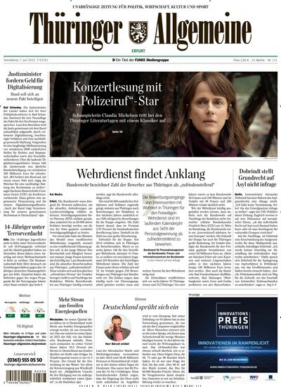 Titelbild der Ausgabe 131/2025 von Thüringer Allgemeine Erfurt. Diese Zeitschrift und viele weitere Zeitungsabos als Abo oder epaper bei United Kiosk online kaufen.