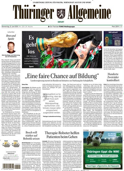 Titelbild der Ausgabe 133/2026 von Thüringer Allgemeine Erfurt. Diese Zeitschrift und viele weitere Zeitungsabos als Abo oder epaper bei United Kiosk online kaufen.