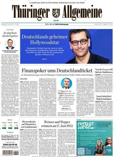 Titelbild der Ausgabe 138/2025 von Thüringer Allgemeine Erfurt. Diese Zeitschrift und viele weitere Zeitungsabos als Abo oder epaper bei United Kiosk online kaufen.