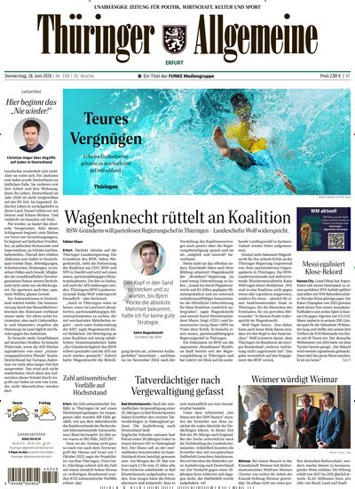 Titelbild der Ausgabe 139/2026 von Thüringer Allgemeine Erfurt. Diese Zeitschrift und viele weitere Zeitungsabos als Abo oder epaper bei United Kiosk online kaufen.