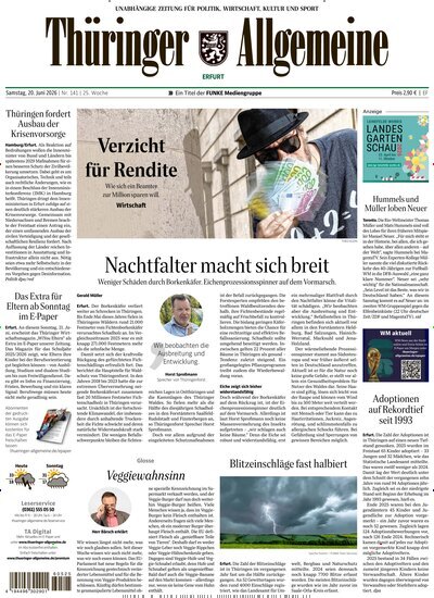 Titelbild der Ausgabe 141/2026 von Thüringer Allgemeine Erfurt. Diese Zeitschrift und viele weitere Zeitungsabos als Abo oder epaper bei United Kiosk online kaufen.