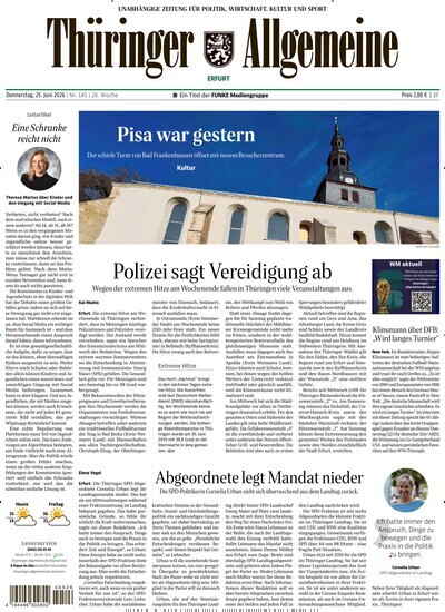 Titelbild der Ausgabe 145/2026 von Thüringer Allgemeine Erfurt. Diese Zeitschrift und viele weitere Zeitungsabos als Abo oder epaper bei United Kiosk online kaufen.