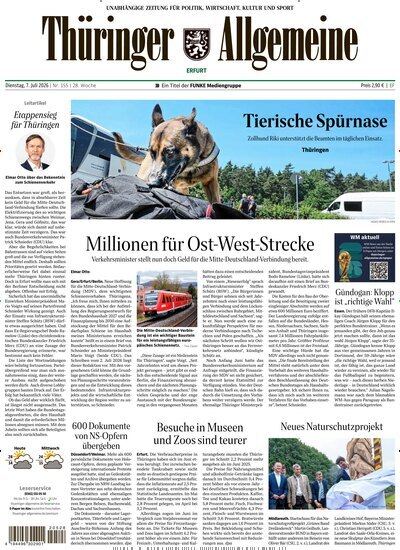 Titelbild der Ausgabe 155/2026 von Thüringer Allgemeine Erfurt. Diese Zeitschrift und viele weitere Zeitungsabos als Abo oder epaper bei United Kiosk online kaufen.
