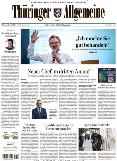 Titelbild der Ausgabe 156/2026 von Thüringer Allgemeine Erfurt. Diese Zeitschrift und viele weitere Zeitungsabos als Abo oder epaper bei United Kiosk online kaufen.