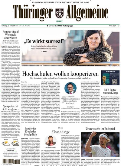 Titelbild der Ausgabe 159/2026 von Thüringer Allgemeine Erfurt. Diese Zeitschrift und viele weitere Zeitungsabos als Abo oder epaper bei United Kiosk online kaufen.