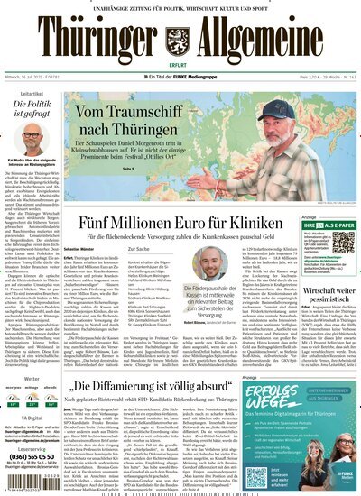 Titelbild der Ausgabe 163/2025 von Thüringer Allgemeine Erfurt. Diese Zeitschrift und viele weitere Zeitungsabos als Abo oder epaper bei United Kiosk online kaufen.