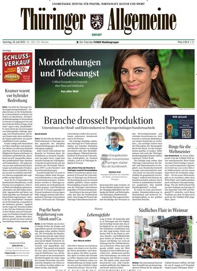 Titelbild der Ausgabe 165/2026 von Thüringer Allgemeine Erfurt. Diese Zeitschrift und viele weitere Zeitungsabos als Abo oder epaper bei United Kiosk online kaufen.