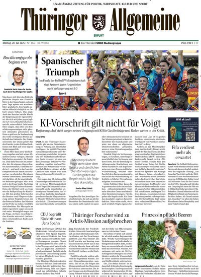 Titelbild der Ausgabe 166/2026 von Thüringer Allgemeine Erfurt. Diese Zeitschrift und viele weitere Zeitungsabos als Abo oder epaper bei United Kiosk online kaufen.