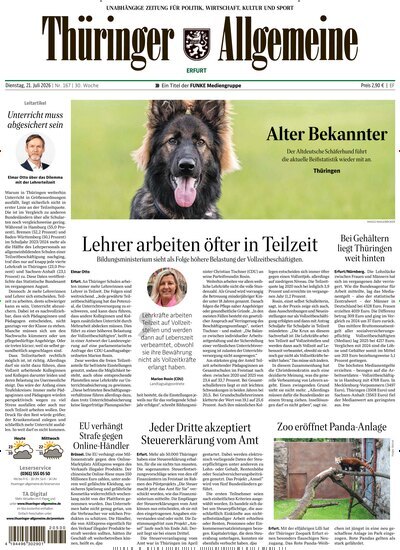 Titelbild der Ausgabe 167/2026 von Thüringer Allgemeine Erfurt. Diese Zeitschrift und viele weitere Zeitungsabos als Abo oder epaper bei United Kiosk online kaufen.