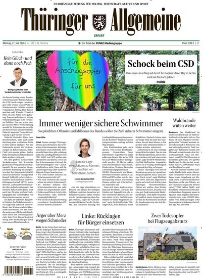 Titelbild der Ausgabe 172/2026 von Thüringer Allgemeine Erfurt. Diese Zeitschrift und viele weitere Zeitungsabos als Abo oder epaper bei United Kiosk online kaufen.
