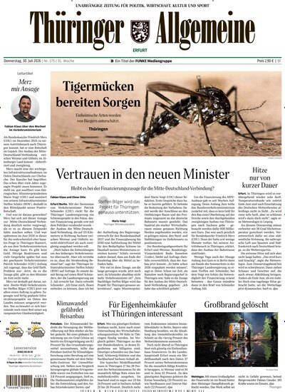 Titelbild der Ausgabe 175/2026 von Thüringer Allgemeine Erfurt. Diese Zeitschrift und viele weitere Zeitungsabos als Abo oder epaper bei United Kiosk online kaufen.