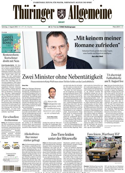 Titelbild der Ausgabe 177/2026 von Thüringer Allgemeine Erfurt. Diese Zeitschrift und viele weitere Zeitungsabos als Abo oder epaper bei United Kiosk online kaufen.