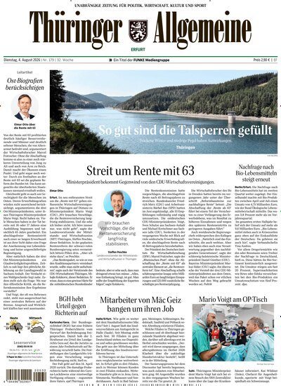 Titelbild der Ausgabe 179/2026 von Thüringer Allgemeine Erfurt. Diese Zeitschrift und viele weitere Zeitungsabos als Abo oder epaper bei United Kiosk online kaufen.