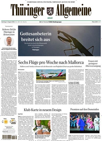 Titelbild der Ausgabe 183/2026 von Thüringer Allgemeine Erfurt. Diese Zeitschrift und viele weitere Zeitungsabos als Abo oder epaper bei United Kiosk online kaufen.