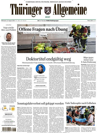 Titelbild der Ausgabe 186/2026 von Thüringer Allgemeine Erfurt. Diese Zeitschrift und viele weitere Zeitungsabos als Abo oder epaper bei United Kiosk online kaufen.