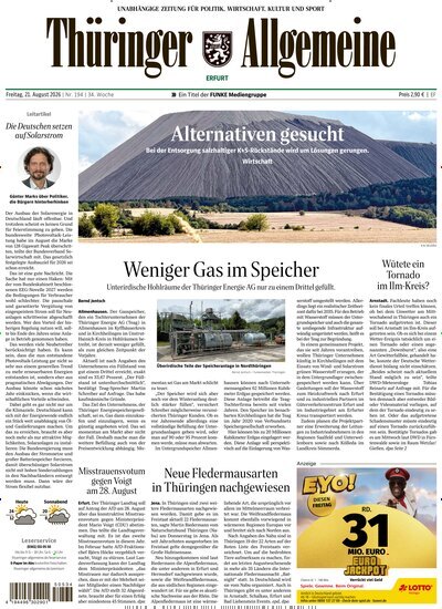 Titelbild der Ausgabe 194/2026 von Thüringer Allgemeine Erfurt. Diese Zeitschrift und viele weitere Zeitungsabos als Abo oder epaper bei United Kiosk online kaufen.