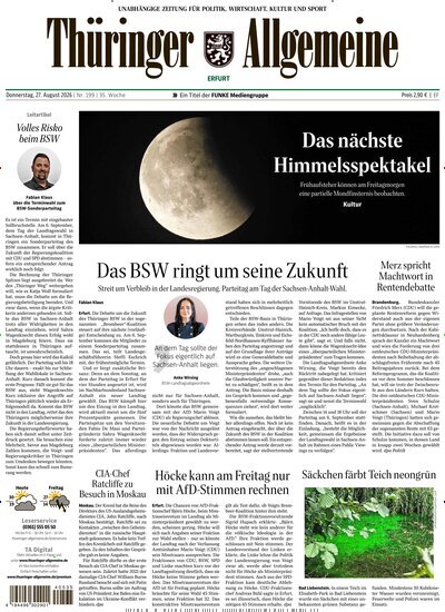 Titelbild der Ausgabe 199/2026 von Thüringer Allgemeine Erfurt. Diese Zeitschrift und viele weitere Zeitungsabos als Abo oder epaper bei United Kiosk online kaufen.