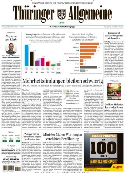 Titelbild der Ausgabe 213/2025 von Thüringer Allgemeine Erfurt. Diese Zeitschrift und viele weitere Zeitungsabos als Abo oder epaper bei United Kiosk online kaufen.