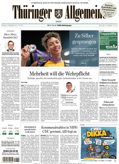 Titelbild der Ausgabe 215/2025 von Thüringer Allgemeine Erfurt. Diese Zeitschrift und viele weitere Zeitungsabos als Abo oder epaper bei United Kiosk online kaufen.