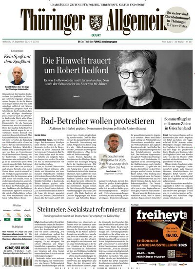 Titelbild der Ausgabe 217/2025 von Thüringer Allgemeine Erfurt. Diese Zeitschrift und viele weitere Zeitungsabos als Abo oder epaper bei United Kiosk online kaufen.