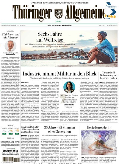 Titelbild der Ausgabe 218/2025 von Thüringer Allgemeine Erfurt. Diese Zeitschrift und viele weitere Zeitungsabos als Abo oder epaper bei United Kiosk online kaufen.