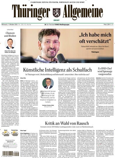Titelbild der Ausgabe 233/2026 von Thüringer Allgemeine Erfurt. Diese Zeitschrift und viele weitere Zeitungsabos als Abo oder epaper bei United Kiosk online kaufen.