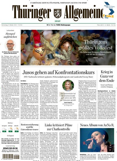 Titelbild der Ausgabe 234/2025 von Thüringer Allgemeine Erfurt. Diese Zeitschrift und viele weitere Zeitungsabos als Abo oder epaper bei United Kiosk online kaufen.