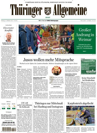Titelbild der Ausgabe 237/2025 von Thüringer Allgemeine Erfurt. Diese Zeitschrift und viele weitere Zeitungsabos als Abo oder epaper bei United Kiosk online kaufen.
