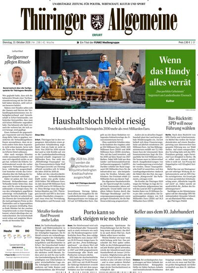 Titelbild der Ausgabe 238/2026 von Thüringer Allgemeine Erfurt. Diese Zeitschrift und viele weitere Zeitungsabos als Abo oder epaper bei United Kiosk online kaufen.