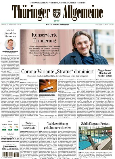 Titelbild der Ausgabe 239/2025 von Thüringer Allgemeine Erfurt. Diese Zeitschrift und viele weitere Zeitungsabos als Abo oder epaper bei United Kiosk online kaufen.