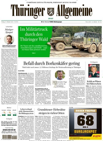 Titelbild der Ausgabe 241/2025 von Thüringer Allgemeine Erfurt. Diese Zeitschrift und viele weitere Zeitungsabos als Abo oder epaper bei United Kiosk online kaufen.