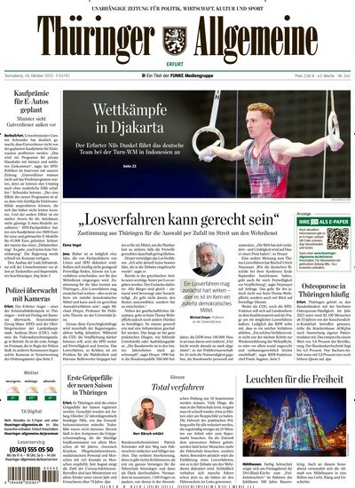 Titelbild der Ausgabe 242/2025 von Thüringer Allgemeine Erfurt. Diese Zeitschrift und viele weitere Zeitungsabos als Abo oder epaper bei United Kiosk online kaufen.