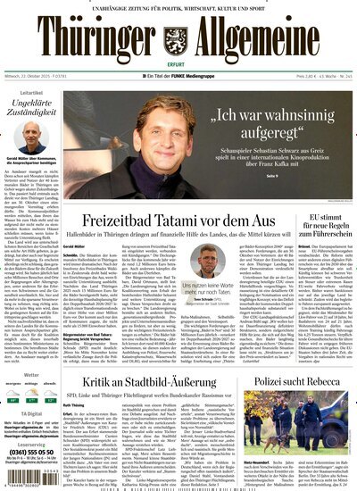 Titelbild der Ausgabe 245/2025 von Thüringer Allgemeine Erfurt. Diese Zeitschrift und viele weitere Zeitungsabos als Abo oder epaper bei United Kiosk online kaufen.