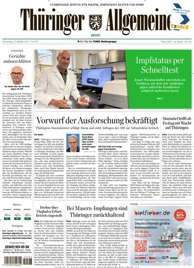 Titelbild der Ausgabe 246/2025 von Thüringer Allgemeine Erfurt. Diese Zeitschrift und viele weitere Zeitungsabos als Abo oder epaper bei United Kiosk online kaufen.