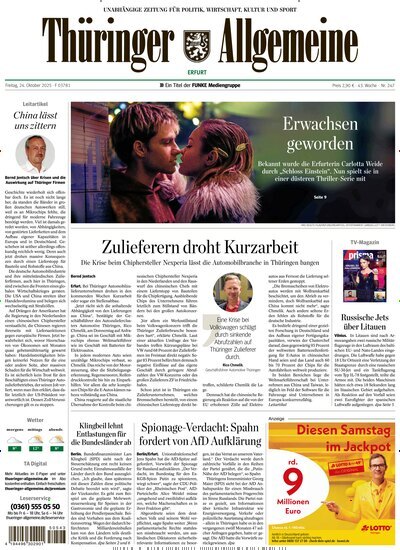 Titelbild der Ausgabe 247/2025 von Thüringer Allgemeine Erfurt. Diese Zeitschrift und viele weitere Zeitungsabos als Abo oder epaper bei United Kiosk online kaufen.