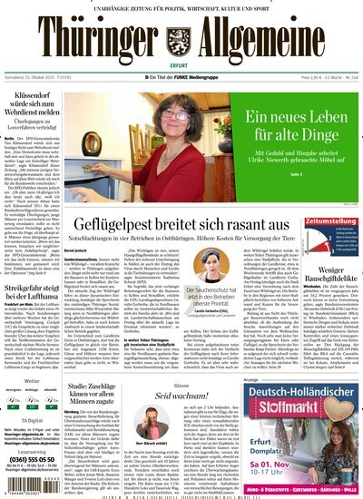 Titelbild der Ausgabe 248/2025 von Thüringer Allgemeine Erfurt. Diese Zeitschrift und viele weitere Zeitungsabos als Abo oder epaper bei United Kiosk online kaufen.