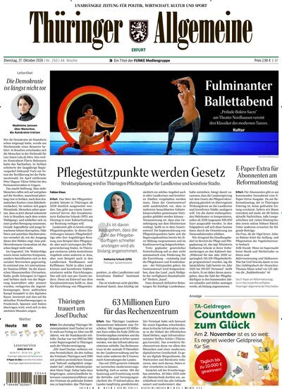 Titelbild der Ausgabe 250/2026 von Thüringer Allgemeine Erfurt. Diese Zeitschrift und viele weitere Zeitungsabos als Abo oder epaper bei United Kiosk online kaufen.